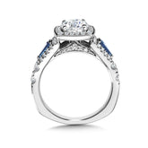 Wide Tapered-Baguette Sapphire & Cushion-Shaped Diamond Halo Engagement Ring W/ Stylized Diamond Undergallery